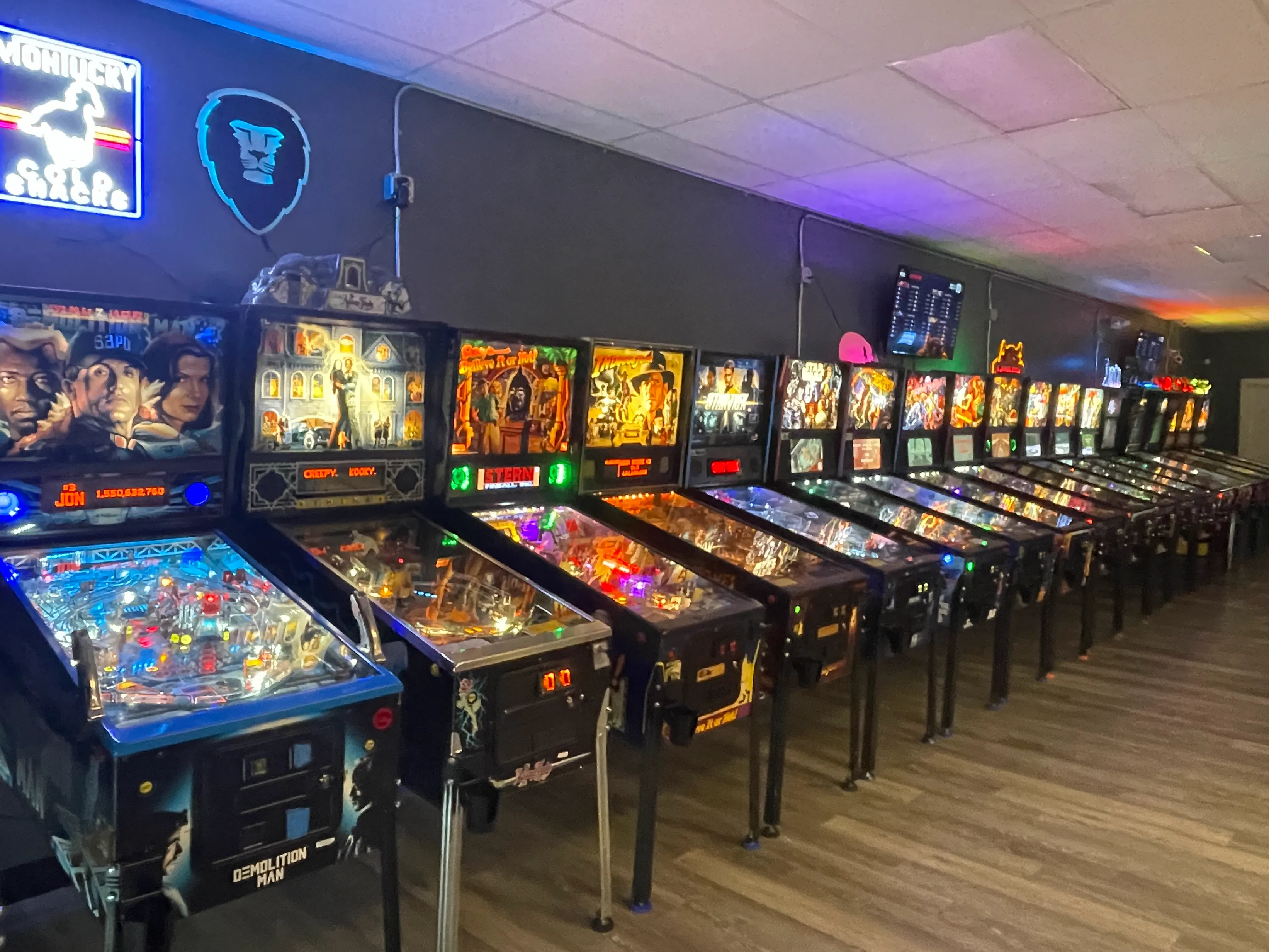 Rows of pinball machines at The Brewcade